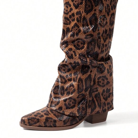 Brown Western Women's Pointed Toe Stacked Heel Tall Shaft leopard print Boots - Picture 6 of 6